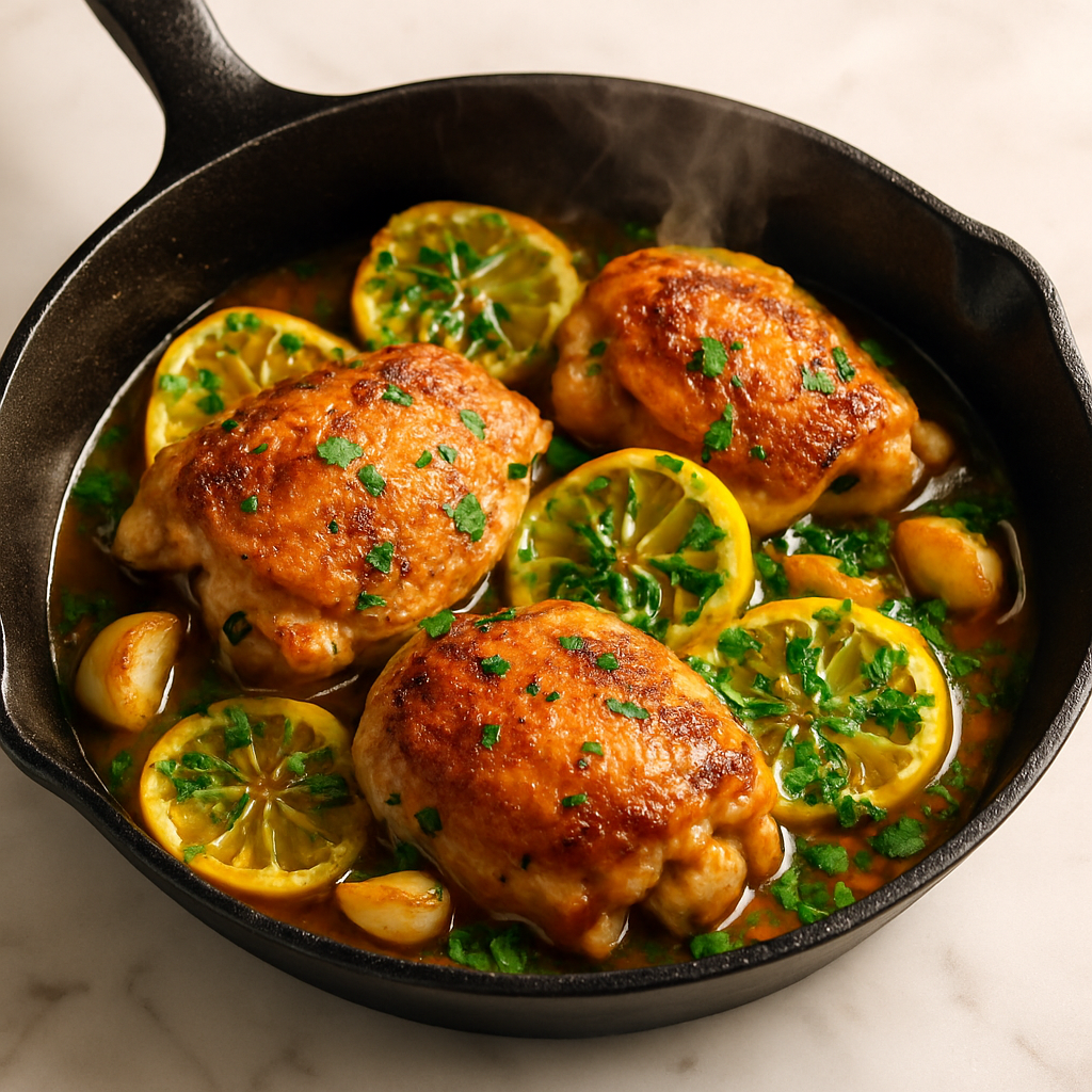 Cast Iron Skillet Chicken Thighs with Lemon and Garlic