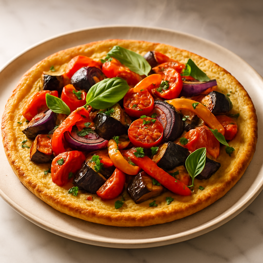 Chickpea Flour Socca Pizza with Roasted Vegetables