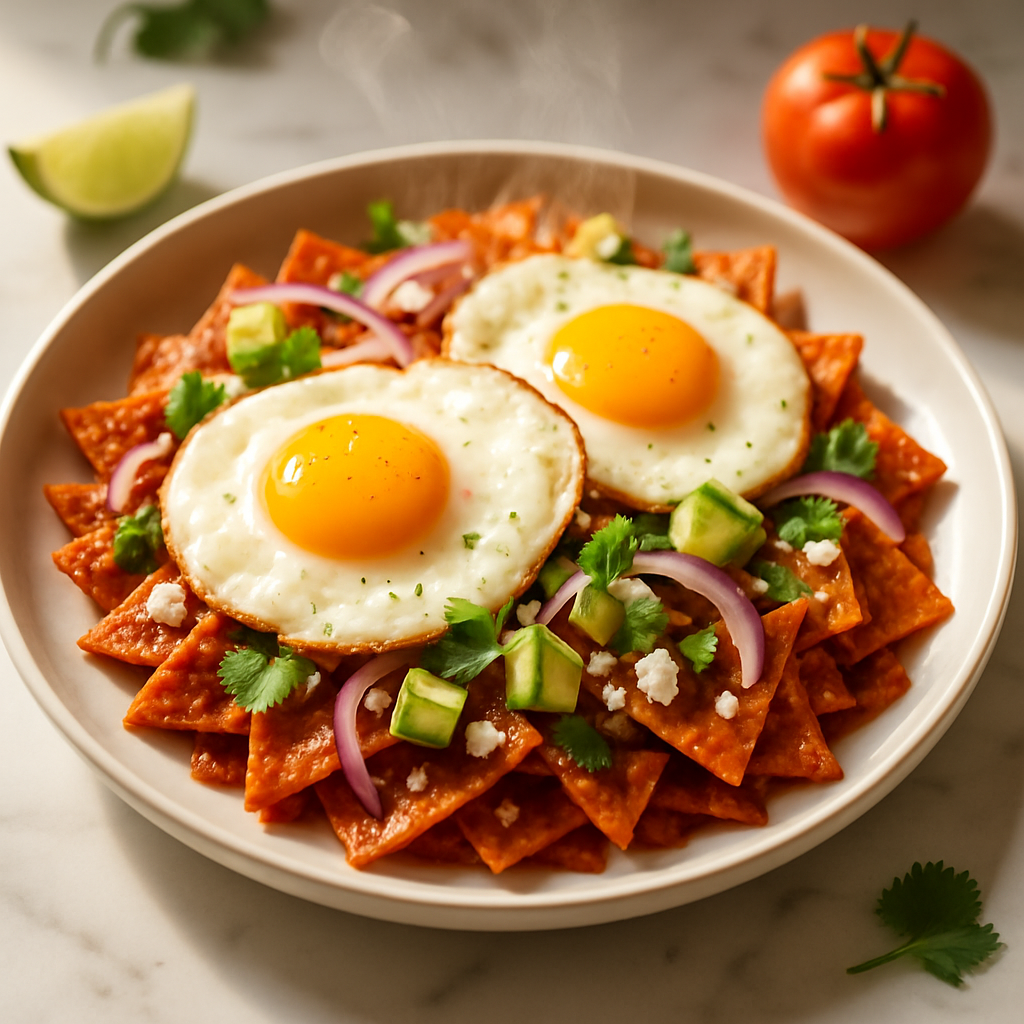 Chilaquiles Rojos with Fried Eggs