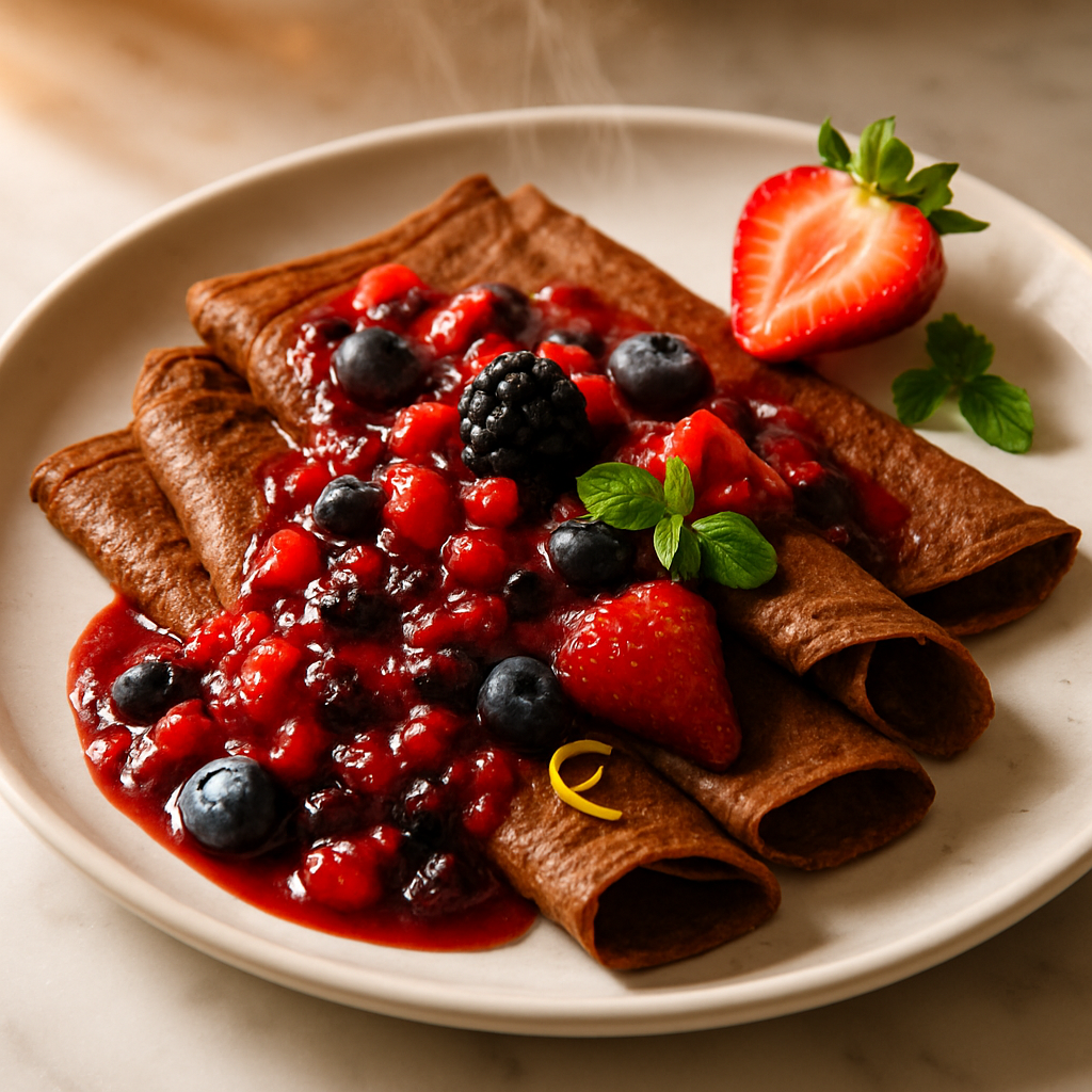 Chocolate Crepes with Berry Compote