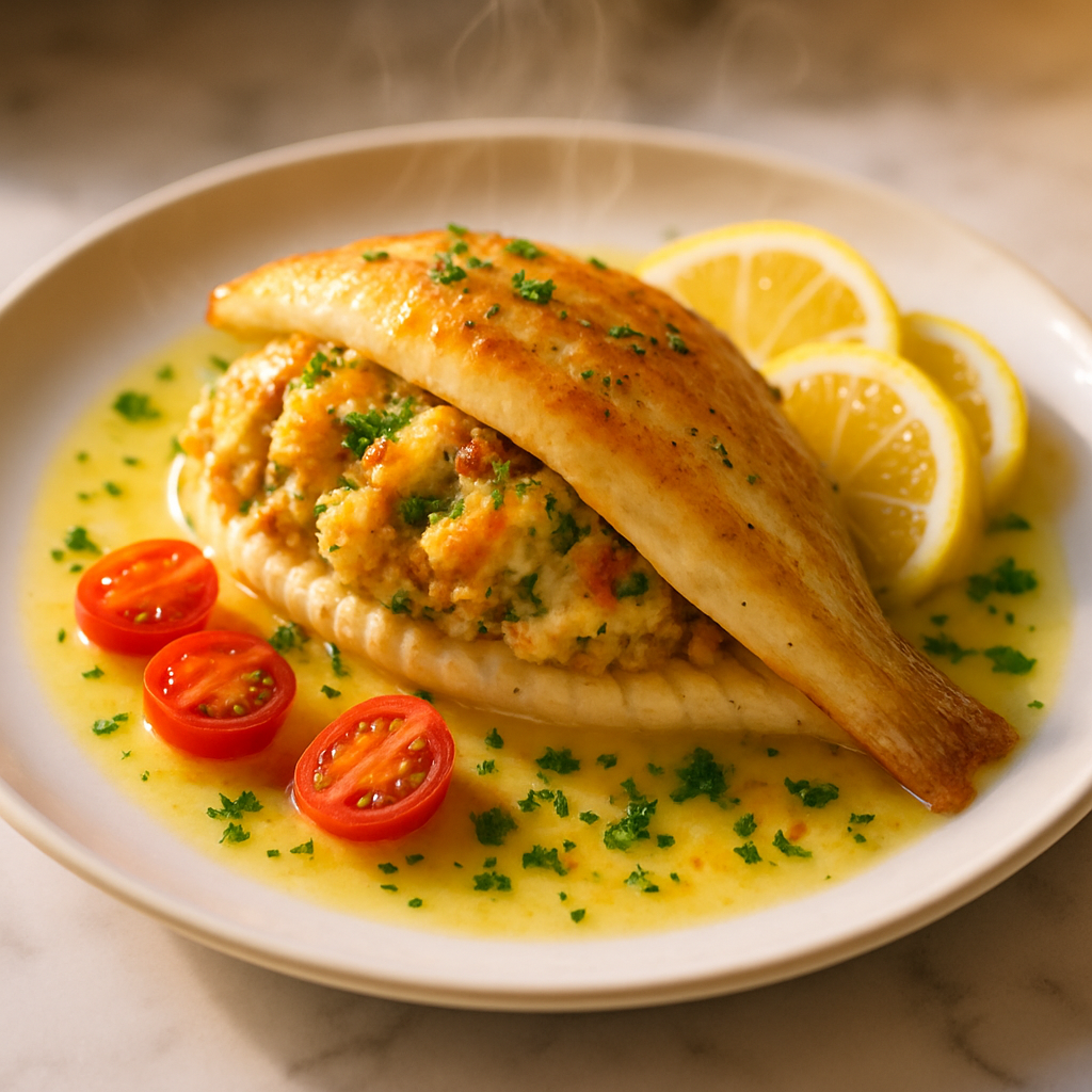 Crab Stuffed Flounder with Lemon Beurre Blanc
