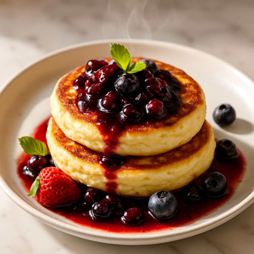 Fluffy Ricotta Pancakes with Berry Compote