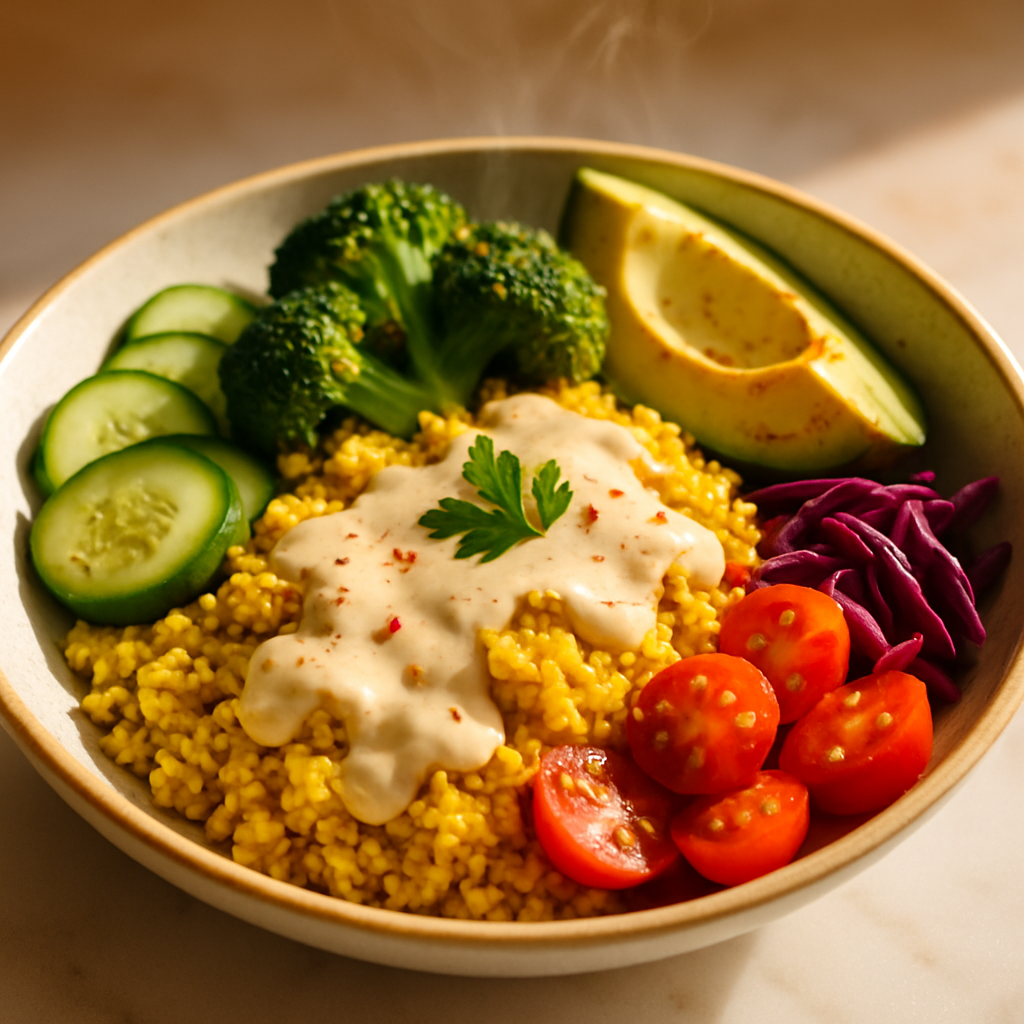 Golden Turmeric Quinoa Buddha Bowl with Creamy Tahini Dressing