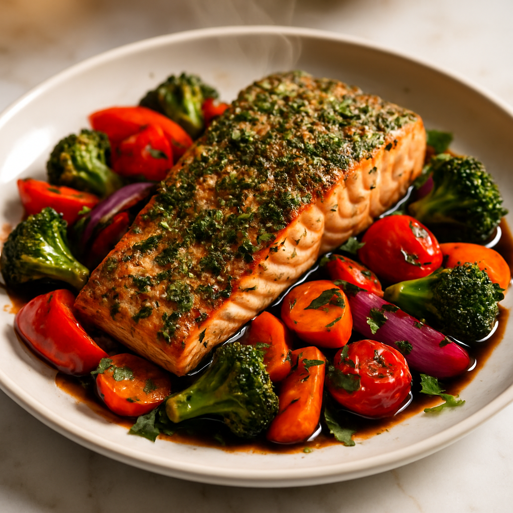 Herb-Crusted Grilled Salmon with Balsamic Roasted Vegetables