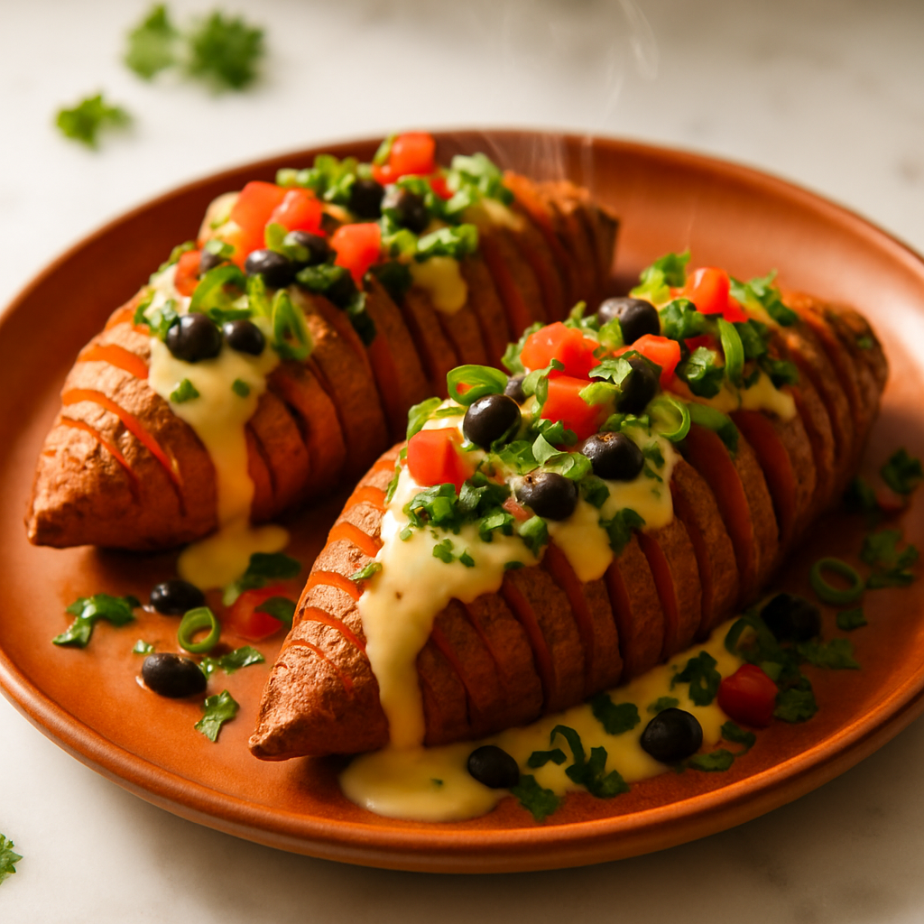 Loaded Hasselback Sweet Potatoes with Queso