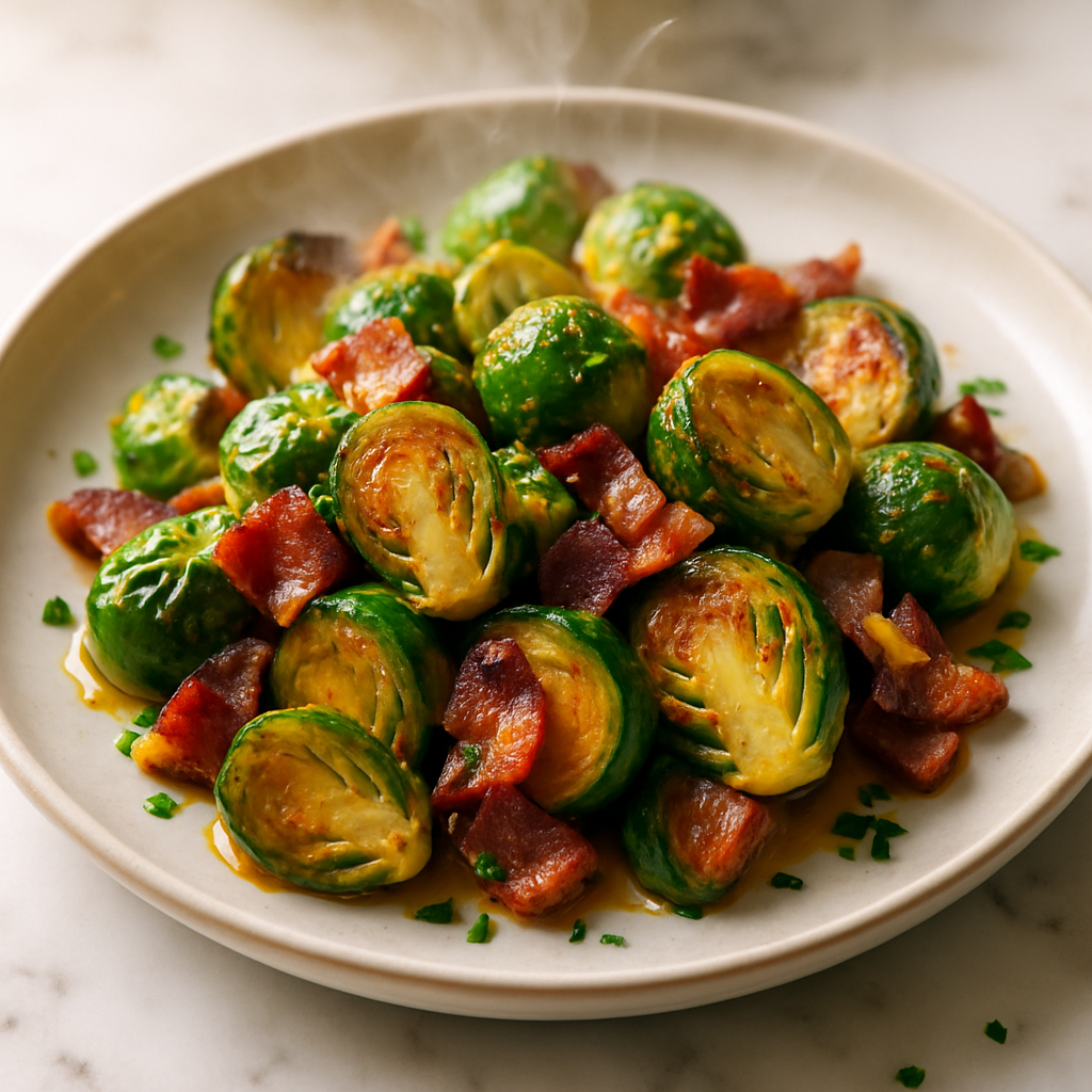 Maple Dijon Roasted Brussels Sprouts with Bacon