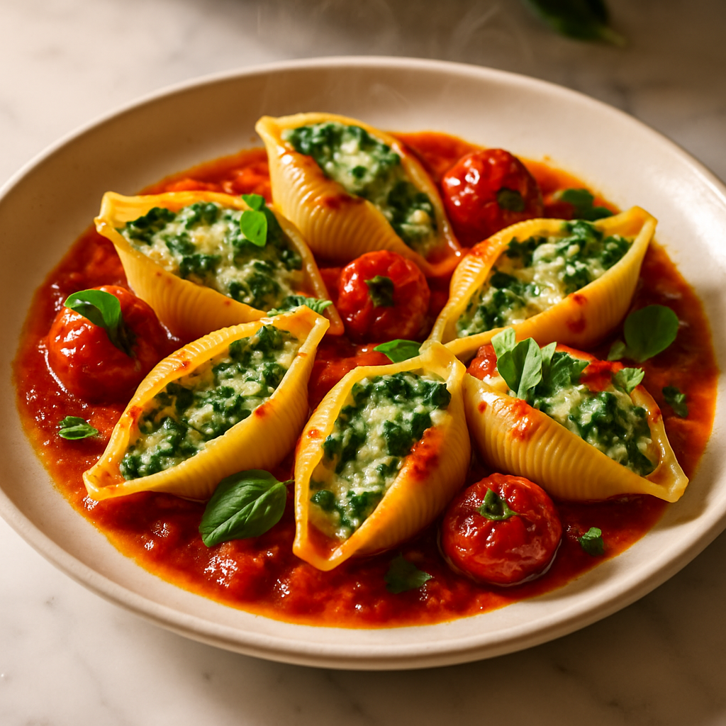 Spinach and Ricotta Stuffed Pasta Shells with Roasted Tomato Sauce