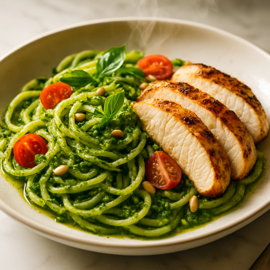 Zucchini Noodles with Pesto and Grilled Chicken